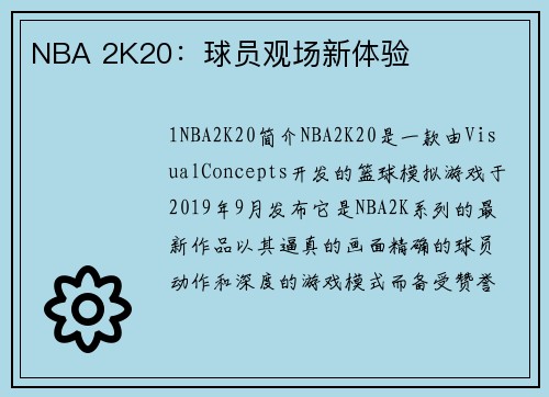 NBA 2K20：球员观场新体验