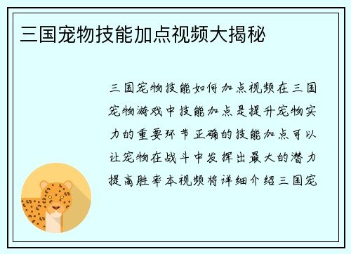 三国宠物技能加点视频大揭秘